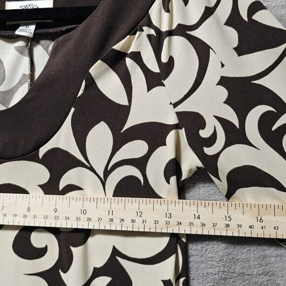 Sweet Storm Dress Women Medium Cream & Chocolate Brown 3/4 Sleeve Slip Stretchy - Picture 2 of 7